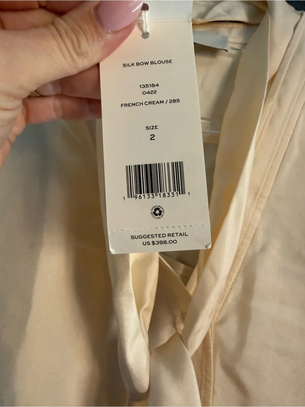 TORY BURCH • NWT silk bow blouse French cream size 2 button down top